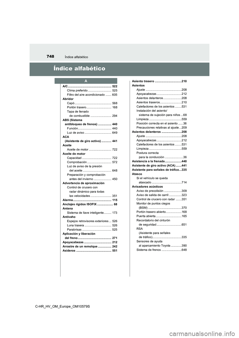TOYOTA C-HR 2018  Manual del propietario (in Spanish) 748Índice alfabético
C-HR_HV_OM_Europe_OM10579S
Índice alfabético
A/C .................................................... 522Clima preferido ............................ 525
Filtro del aire acond