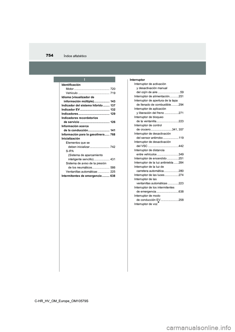 TOYOTA C-HR 2018  Manual del propietario (in Spanish) 754Índice alfabético
C-HR_HV_OM_Europe_OM10579S
IdentificaciónMotor ........................................... 720
Vehículo ...................................... 719
Idioma (visualizador de 
inf