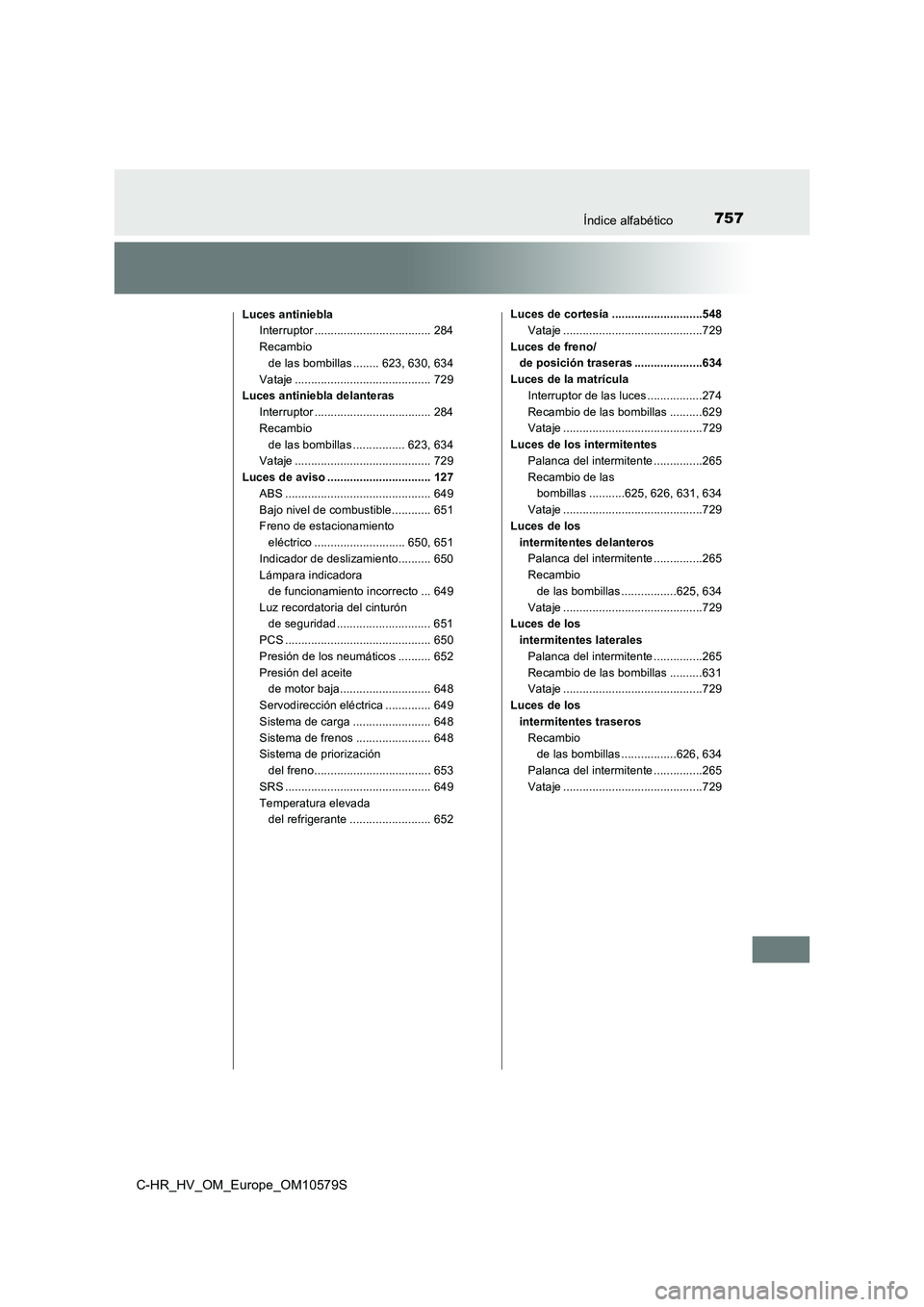 TOYOTA C-HR 2018  Manual del propietario (in Spanish) 757Índice alfabético
C-HR_HV_OM_Europe_OM10579S
Luces antinieblaInterruptor .................................... 284
Recambio de las bombillas ........ 623, 630, 634
Vataje .........................