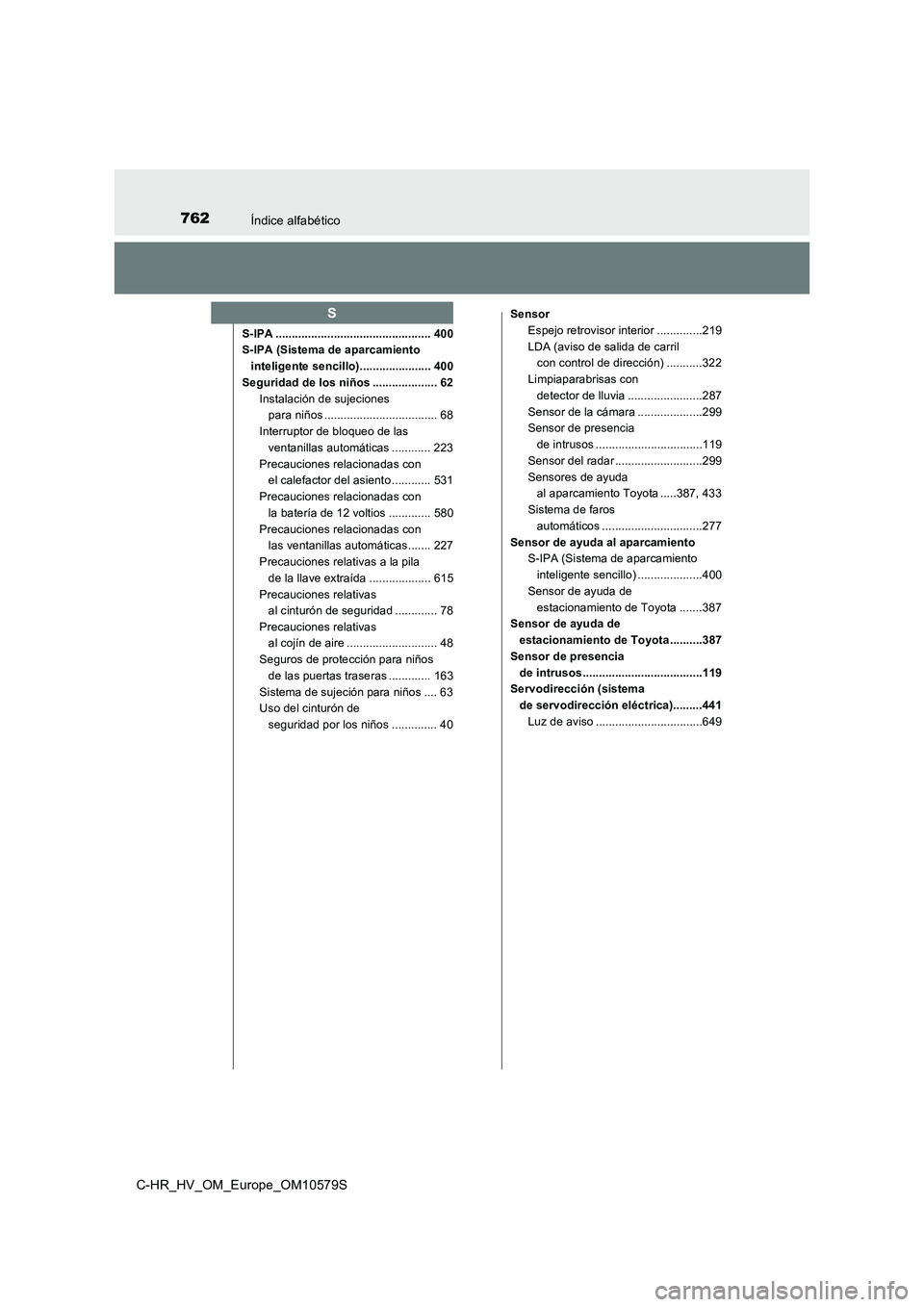 TOYOTA C-HR 2018 Manual del propietario (in Spanish) 762Índice alfabético
C-HR_HV_OM_Europe_OM10579S
S-IPA ................................................ 400
S-IPA (Sistema de aparcamientointeligente sencillo)...................... 400
Seguridad de TOYOTA C-HR 2018 Manual del propietario (in Spanish) 762Índice alfabético
C-HR_HV_OM_Europe_OM10579S
S-IPA ................................................ 400
S-IPA (Sistema de aparcamientointeligente sencillo)...................... 400
Seguridad de