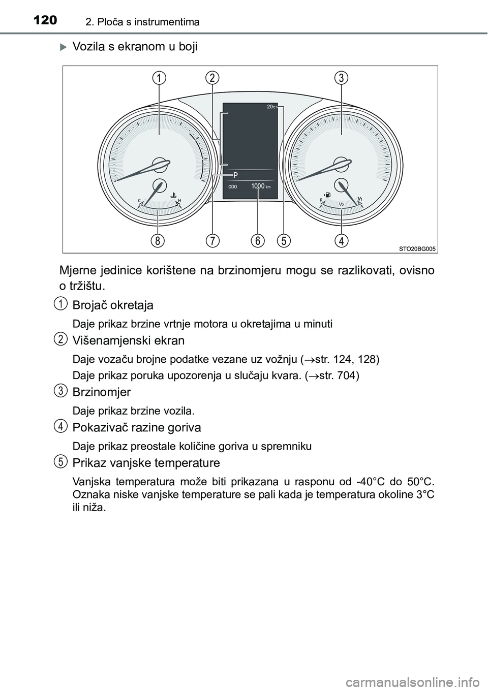 TOYOTA C-HR 2018  Upute Za Rukovanje (in Croatian) 1202. Ploča s instrumentima
Vozila s ekranom u boji
Mjerne  jedinice  korištene  na  brzinomjeru  mogu  se  razlikovati,  ovisno
o tržištu.
Brojač okretaja
Daje prikaz brzine vrtnje motora u o