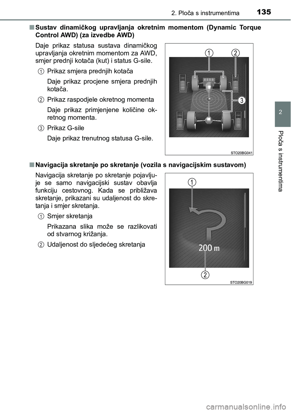 TOYOTA C-HR 2018  Upute Za Rukovanje (in Croatian) 1352. Ploča s instrumentima
2
Ploča s instrumentima
nSustav  dinamičkog  upravljanja  okretnim  momentom  (Dynamic  Torque
Control AWD) (za izvedbe AWD)
nNavigacija skretanje po skretanje (vozila s