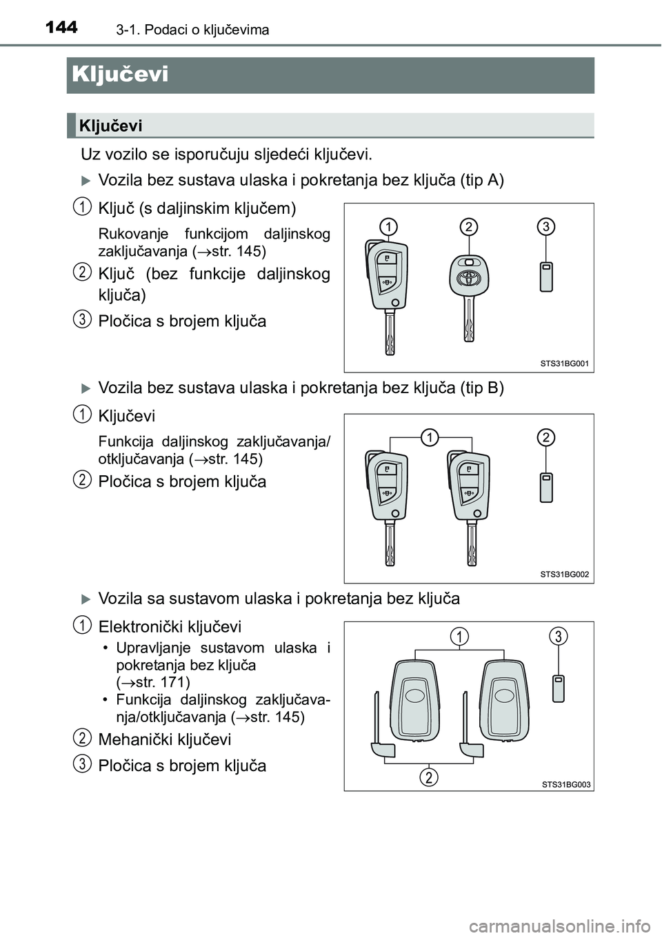 TOYOTA C-HR 2018  Upute Za Rukovanje (in Croatian) 1443-1. Podaci o ključevima
Ključevi
Uz vozilo se isporučuju sljedeći ključevi.
Vozila bez sustava ulaska i pokretanja bez ključa (tip A)
Ključ (s daljinskim ključem)
Rukovanje  funkcijom  