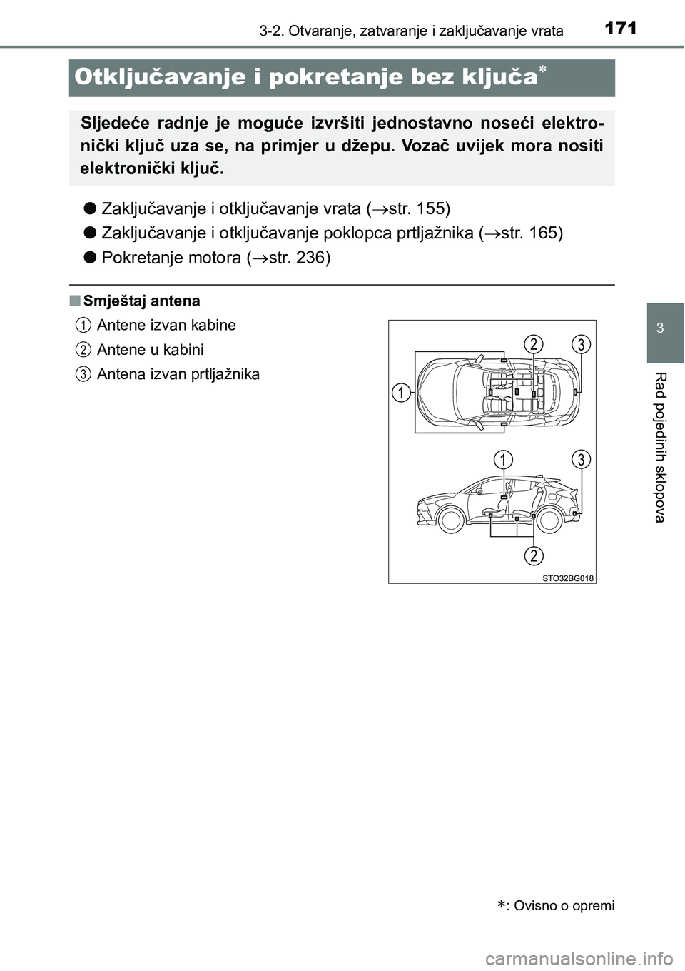 TOYOTA C-HR 2018  Upute Za Rukovanje (in Croatian) 171
3
3-2. Otvaranje, zatvaranje i zaključavanje vrata
Rad pojedinih sklopova
Otključavanje i pokretanje bez ključa
lZaključavanje i otključavanje vrata (str. 155)
lZaključavanje i otklju