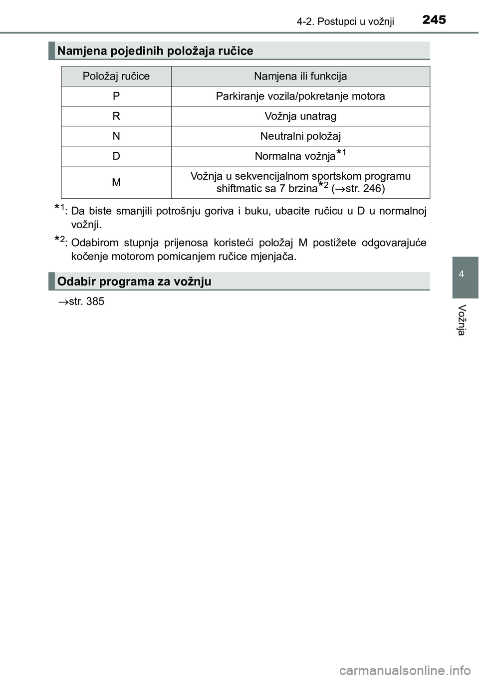 TOYOTA C-HR 2018 Upute Za Rukovanje (in Croatian) 2454-2. Postupci u vožnji
4
Vožnja
*1: Da biste smanjili potrošnju goriva i buku, ubacite ručicu u D u normalnoj
vožnji.
*2: Odabirom stupnja prijenosa koristeći položaj M post TOYOTA C-HR 2018 Upute Za Rukovanje (in Croatian) 2454-2. Postupci u vožnji
4
Vožnja
*1: Da biste smanjili potrošnju goriva i buku, ubacite ručicu u D u normalnoj
vožnji.
*2: Odabirom stupnja prijenosa koristeći položaj M post