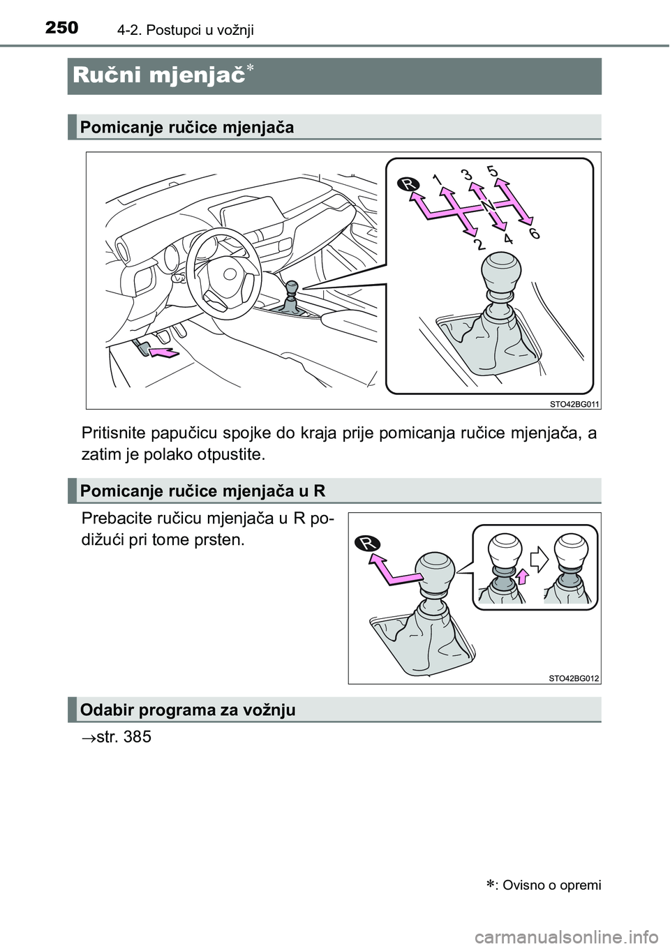 TOYOTA C-HR 2018  Upute Za Rukovanje (in Croatian) 2504-2. Postupci u vožnji
Ručni mjenjač
Pritisnite papučicu spojke do kraja prije pomicanja ručice mjenjača, a
zatim je polako otpustite.
Prebacite ručicu mjenjača u R po-
dižući pri tome