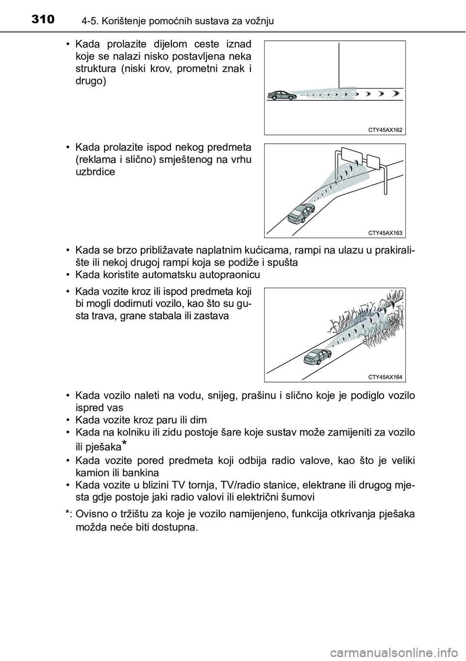 TOYOTA C-HR 2018 Upute Za Rukovanje (in Croatian) 3104-5. Korištenje pomoćnih sustava za vožnju
• Kada se brzo približavate naplatnim kućicama, rampi na ulazu u prakirali-
šte ili nekoj drugoj rampi koja se podiže i spušta
• Kada koristit TOYOTA C-HR 2018 Upute Za Rukovanje (in Croatian) 3104-5. Korištenje pomoćnih sustava za vožnju
• Kada se brzo približavate naplatnim kućicama, rampi na ulazu u prakirali-
šte ili nekoj drugoj rampi koja se podiže i spušta
• Kada koristit