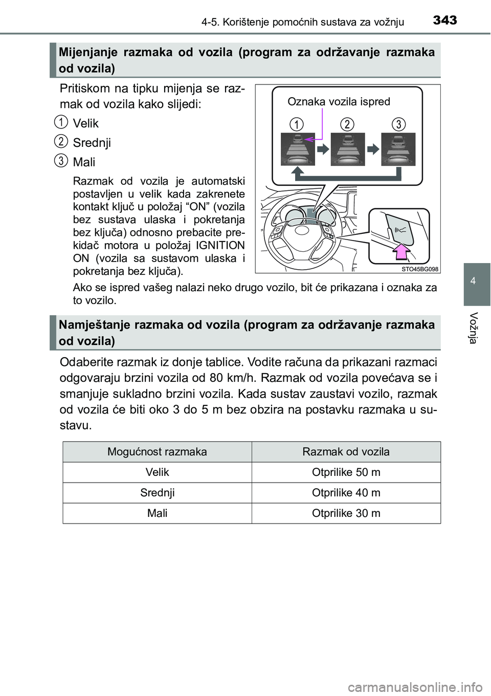 TOYOTA C-HR 2018  Upute Za Rukovanje (in Croatian) 3434-5. Korištenje pomoćnih sustava za vožnju
4
Vožnja
Pritiskom  na  tipku  mijenja  se  raz-
mak od vozila kako slijedi:
Ve l i k
Srednji
Mali
Razmak  od  vozila  je  automatski
postavljen  u  v