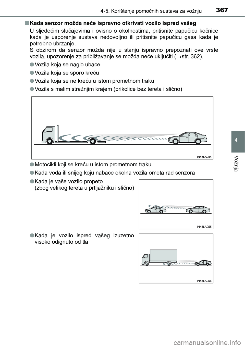 TOYOTA C-HR 2018 Upute Za Rukovanje (in Croatian) 3674-5. Korištenje pomoćnih sustava za vožnju
4
Vožnja
nKada senzor možda neće ispravno otkrivati vozilo ispred vašeg
U sljedećim slučajevima i ovisno o okolnostima, pritisnite papuč TOYOTA C-HR 2018 Upute Za Rukovanje (in Croatian) 3674-5. Korištenje pomoćnih sustava za vožnju
4
Vožnja
nKada senzor možda neće ispravno otkrivati vozilo ispred vašeg
U sljedećim slučajevima i ovisno o okolnostima, pritisnite papuč