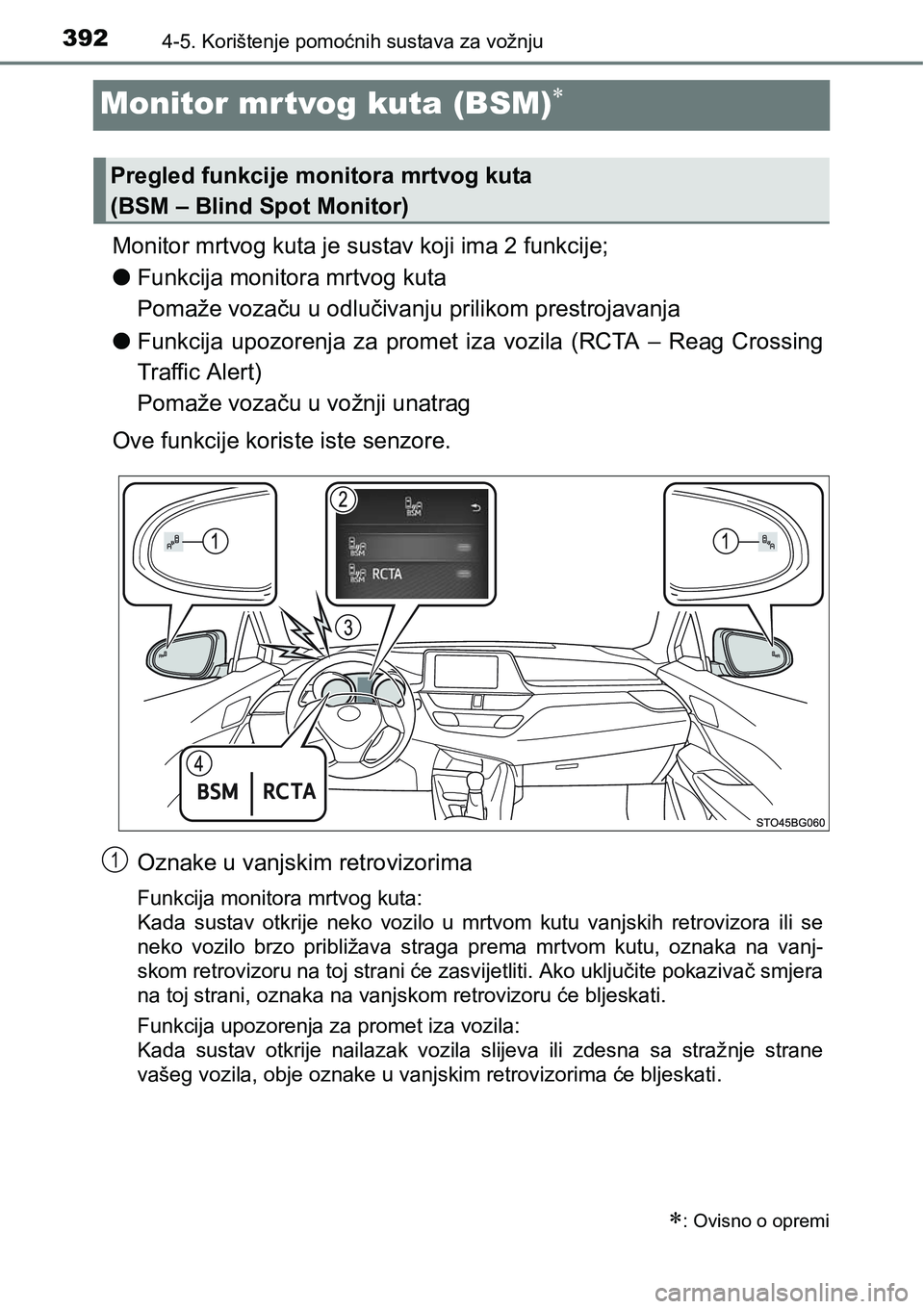 TOYOTA C-HR 2018 Upute Za Rukovanje (in Croatian) 3924-5. Korištenje pomoćnih sustava za vožnju
Monitor mrtvog kuta (BSM)
Monitor mrtvog kuta je sustav koji ima 2 funkcije;
lFunkcija monitora mrtvog kuta
Pomaže vozaču u odlučivanju prilikom TOYOTA C-HR 2018 Upute Za Rukovanje (in Croatian) 3924-5. Korištenje pomoćnih sustava za vožnju
Monitor mrtvog kuta (BSM)
Monitor mrtvog kuta je sustav koji ima 2 funkcije;
lFunkcija monitora mrtvog kuta
Pomaže vozaču u odlučivanju prilikom