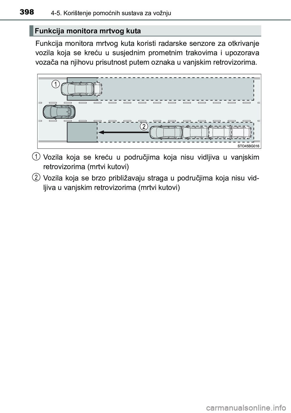 TOYOTA C-HR 2018 Upute Za Rukovanje (in Croatian) 3984-5. Korištenje pomoćnih sustava za vožnju
Funkcija monitora mrtvog kuta koristi radarske senzore za otkrivanje
vozila koja se kreću u susjednim prometnim trakovima i upozorava
vozača TOYOTA C-HR 2018 Upute Za Rukovanje (in Croatian) 3984-5. Korištenje pomoćnih sustava za vožnju
Funkcija monitora mrtvog kuta koristi radarske senzore za otkrivanje
vozila koja se kreću u susjednim prometnim trakovima i upozorava
vozača
