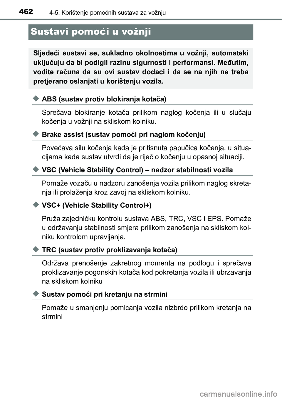 TOYOTA C-HR 2018 Upute Za Rukovanje (in Croatian) 4624-5. Korištenje pomoćnih sustava za vožnju
Sustavi pomoći u vožnji
uABS (sustav protiv blokiranja kotača)
Sprečava blokiranje kotača prilikom naglog kočenja ili u slučaju
kočenja TOYOTA C-HR 2018 Upute Za Rukovanje (in Croatian) 4624-5. Korištenje pomoćnih sustava za vožnju
Sustavi pomoći u vožnji
uABS (sustav protiv blokiranja kotača)
Sprečava blokiranje kotača prilikom naglog kočenja ili u slučaju
kočenja