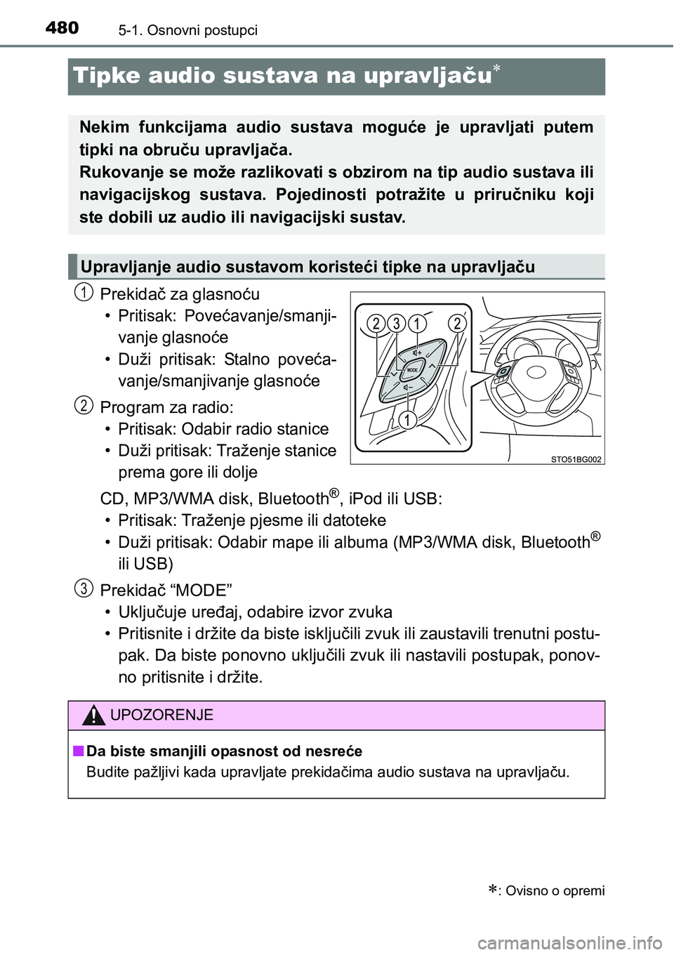 TOYOTA C-HR 2018 Upute Za Rukovanje (in Croatian) 4805-1. Osnovni postupci
Tipke audio sustava na upravljaču
Prekidač za glasnoću
• Pritisak: Povećavanje/smanji-
vanje glasnoće
• Duži pritisak: Stalno poveća-
vanje/smanjivanje glasn TOYOTA C-HR 2018 Upute Za Rukovanje (in Croatian) 4805-1. Osnovni postupci
Tipke audio sustava na upravljaču
Prekidač za glasnoću
• Pritisak: Povećavanje/smanji-
vanje glasnoće
• Duži pritisak: Stalno poveća-
vanje/smanjivanje glasn