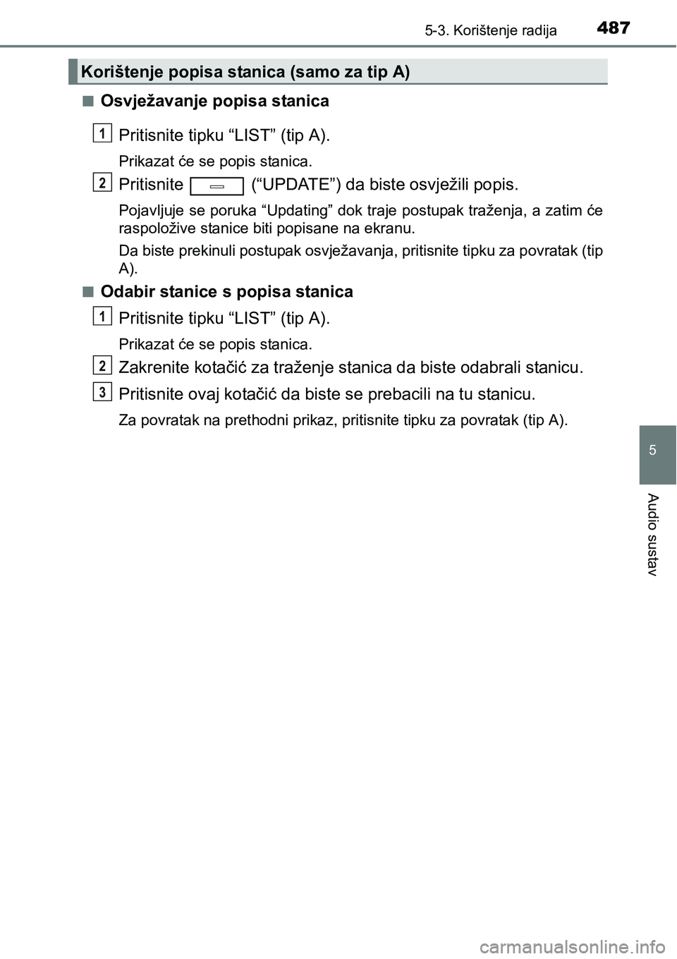 TOYOTA C-HR 2018 Upute Za Rukovanje (in Croatian) 4875-3. Korištenje radija
5
Audio sustav
nOsvježavanje popisa stanica
Pritisnite tipku “LIST” (tip A).
Prikazat će se popis stanica.
Pritisnite (“UPDATE”) da biste osvježili popis.
Pojav TOYOTA C-HR 2018 Upute Za Rukovanje (in Croatian) 4875-3. Korištenje radija
5
Audio sustav
nOsvježavanje popisa stanica
Pritisnite tipku “LIST” (tip A).
Prikazat će se popis stanica.
Pritisnite (“UPDATE”) da biste osvježili popis.
Pojav