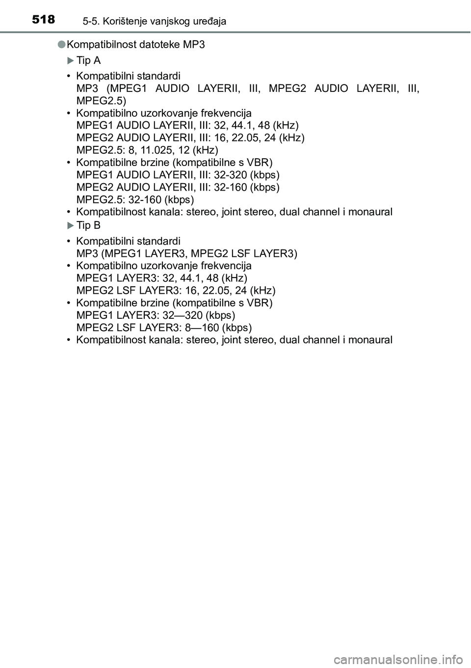 TOYOTA C-HR 2018 Upute Za Rukovanje (in Croatian) 5185-5. Korištenje vanjskog uređaja
lKompatibilnost datoteke MP3
Tip A
• Kompatibilni standardi
MP3 (MPEG1 AUDIO LAYERII, III, MPEG2 AUDIO LAYERII, III,
MPEG2.5)
• Kompatibilno uzorko TOYOTA C-HR 2018 Upute Za Rukovanje (in Croatian) 5185-5. Korištenje vanjskog uređaja
lKompatibilnost datoteke MP3
Tip A
• Kompatibilni standardi
MP3 (MPEG1 AUDIO LAYERII, III, MPEG2 AUDIO LAYERII, III,
MPEG2.5)
• Kompatibilno uzorko