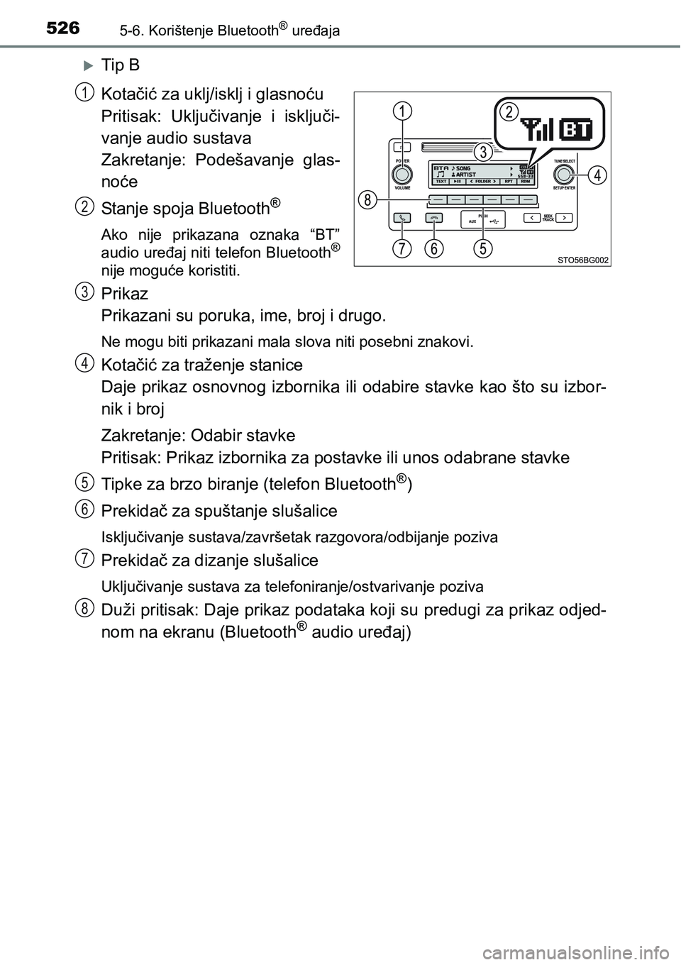 TOYOTA C-HR 2018 Upute Za Rukovanje (in Croatian) 5265-6. Korištenje Bluetooth® uređaja
Tip B
Kotačić za uklj/isklj i glasnoću
Pritisak: Uključivanje i isključi-
vanje audio sustava
Zakretanje: Podešavanje glas-
noće
Stanje spoja Bl TOYOTA C-HR 2018 Upute Za Rukovanje (in Croatian) 5265-6. Korištenje Bluetooth® uređaja
Tip B
Kotačić za uklj/isklj i glasnoću
Pritisak: Uključivanje i isključi-
vanje audio sustava
Zakretanje: Podešavanje glas-
noće
Stanje spoja Bl
