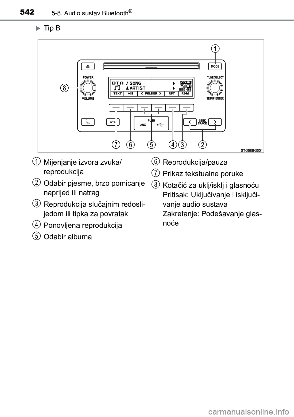 TOYOTA C-HR 2018 Upute Za Rukovanje (in Croatian) 5425-8. Audio sustav Bluetooth®
Tip B
Mijenjanje izvora zvuka/
reprodukcija
Odabir pjesme, brzo pomicanje
naprijed ili natrag
Reprodukcija slučajnim redosli-
jedom ili tipka za povratak
Ponovlje TOYOTA C-HR 2018 Upute Za Rukovanje (in Croatian) 5425-8. Audio sustav Bluetooth®
Tip B
Mijenjanje izvora zvuka/
reprodukcija
Odabir pjesme, brzo pomicanje
naprijed ili natrag
Reprodukcija slučajnim redosli-
jedom ili tipka za povratak
Ponovlje