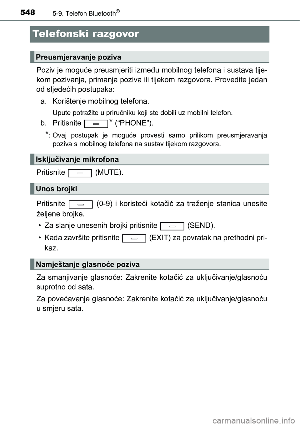 TOYOTA C-HR 2018 Upute Za Rukovanje (in Croatian) 5485-9. Telefon Bluetooth®
Telefonski razgovor
Poziv je moguće preusmjeriti između mobilnog telefona i sustava tije-
kom pozivanja, primanja poziva ili tijekom razgovora. Provedite jedan
od sljede TOYOTA C-HR 2018 Upute Za Rukovanje (in Croatian) 5485-9. Telefon Bluetooth®
Telefonski razgovor
Poziv je moguće preusmjeriti između mobilnog telefona i sustava tije-
kom pozivanja, primanja poziva ili tijekom razgovora. Provedite jedan
od sljede