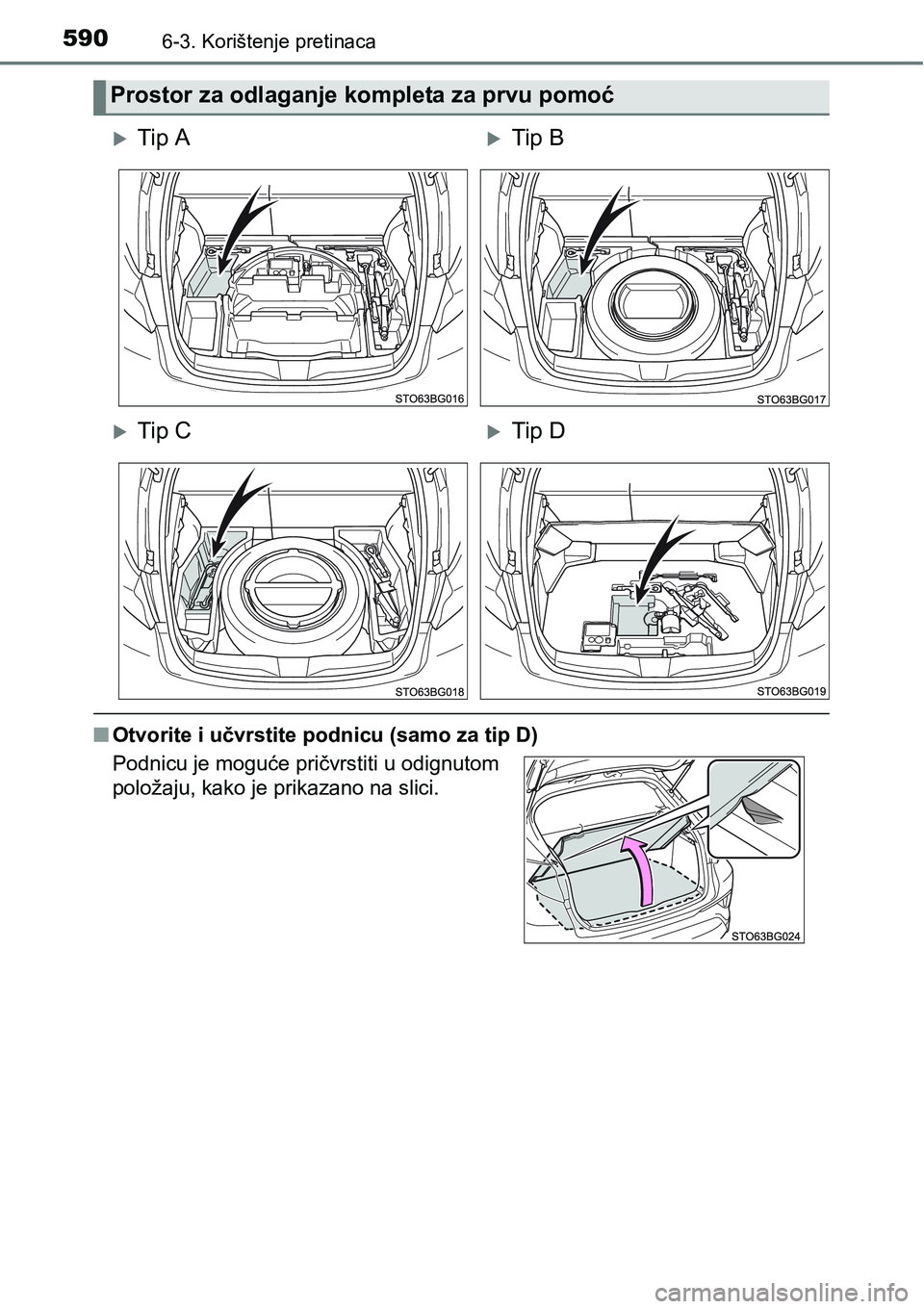 TOYOTA C-HR 2018  Upute Za Rukovanje (in Croatian) 5906-3. Korištenje pretinaca
nOtvorite i učvrstite podnicu (samo za tip D)
Prostor za odlaganje kompleta za prvu pomoć
Tip ATip B
Tip CTip D
Podnicu je moguće pričvrstiti u odignutom
