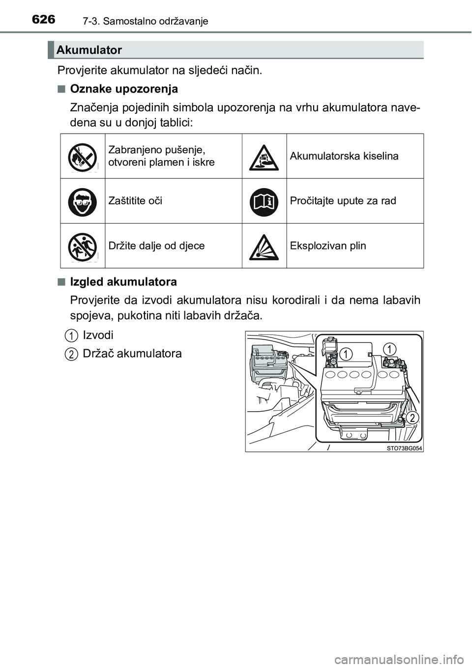 TOYOTA C-HR 2018 Upute Za Rukovanje (in Croatian) 6267-3. Samostalno održavanje
Provjerite akumulator na sljedeći način.
nOznake upozorenja
Značenja pojedinih simbola upozorenja na vrhu akumulatora nave-
dena su u donjoj tablici:
nIzgled akumulat TOYOTA C-HR 2018 Upute Za Rukovanje (in Croatian) 6267-3. Samostalno održavanje
Provjerite akumulator na sljedeći način.
nOznake upozorenja
Značenja pojedinih simbola upozorenja na vrhu akumulatora nave-
dena su u donjoj tablici:
nIzgled akumulat