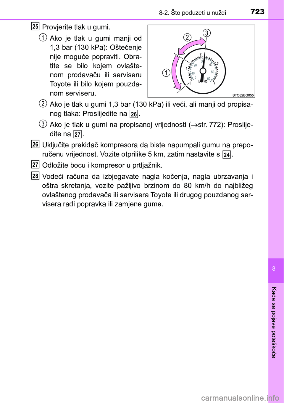 TOYOTA C-HR 2018  Upute Za Rukovanje (in Croatian) 7238-2. Što poduzeti u nuždi
8
Kada se pojave poteškoće
Provjerite tlak u gumi.
Ako  je  tlak  u  gumi  manji  od
1,3 bar (130 kPa): Oštećenje
nije  moguće  popraviti.  Obra-
tite  se  bilo  ko