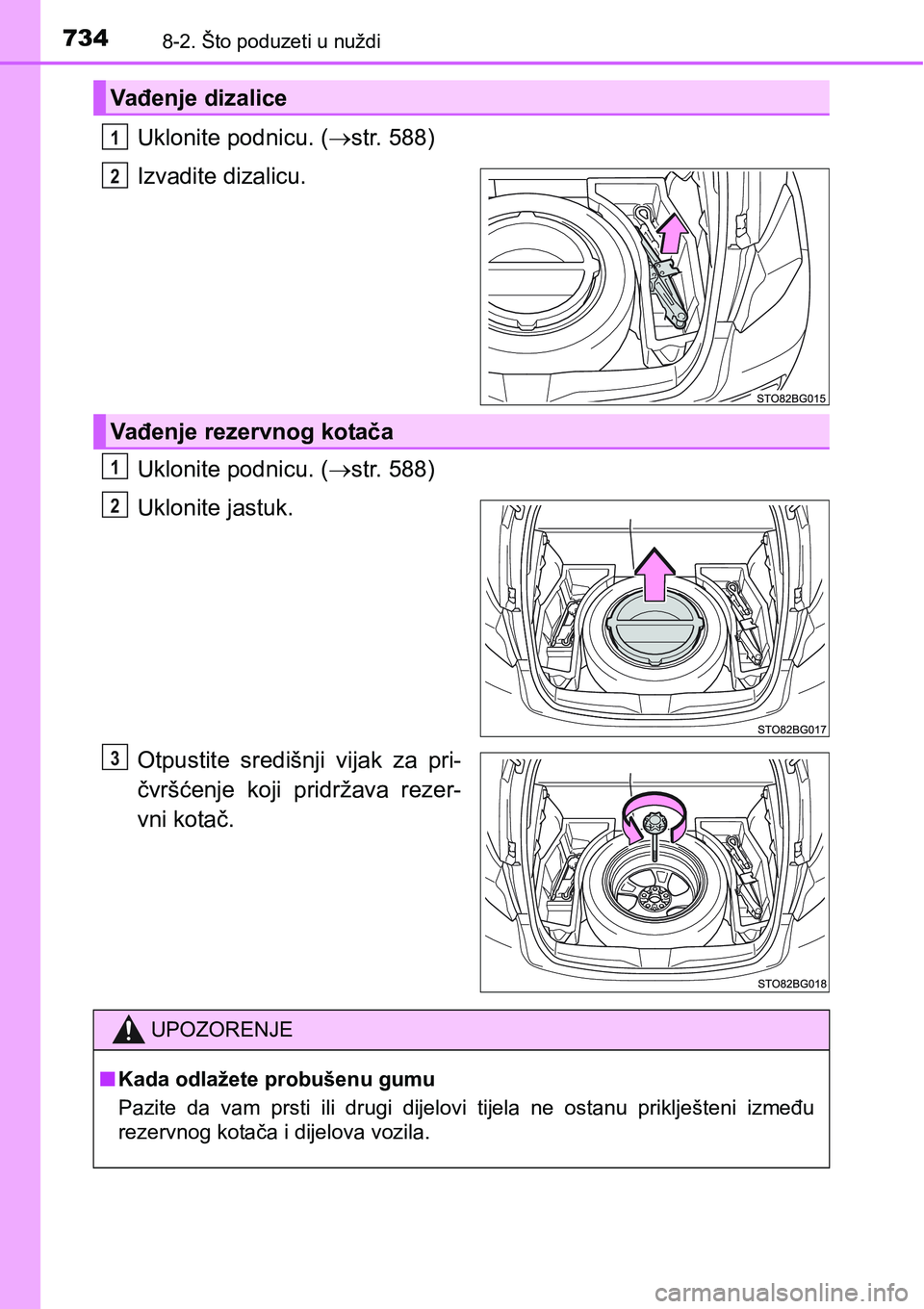 TOYOTA C-HR 2018 Upute Za Rukovanje (in Croatian) 7348-2. Što poduzeti u nuždi
Uklonite podnicu. (str. 588)
Izvadite dizalicu.
Uklonite podnicu. (str. 588)
Uklonite jastuk.
Otpustite središnji vijak za pri-
čvršćenje koji pridržava TOYOTA C-HR 2018 Upute Za Rukovanje (in Croatian) 7348-2. Što poduzeti u nuždi
Uklonite podnicu. (str. 588)
Izvadite dizalicu.
Uklonite podnicu. (str. 588)
Uklonite jastuk.
Otpustite središnji vijak za pri-
čvršćenje koji pridržava