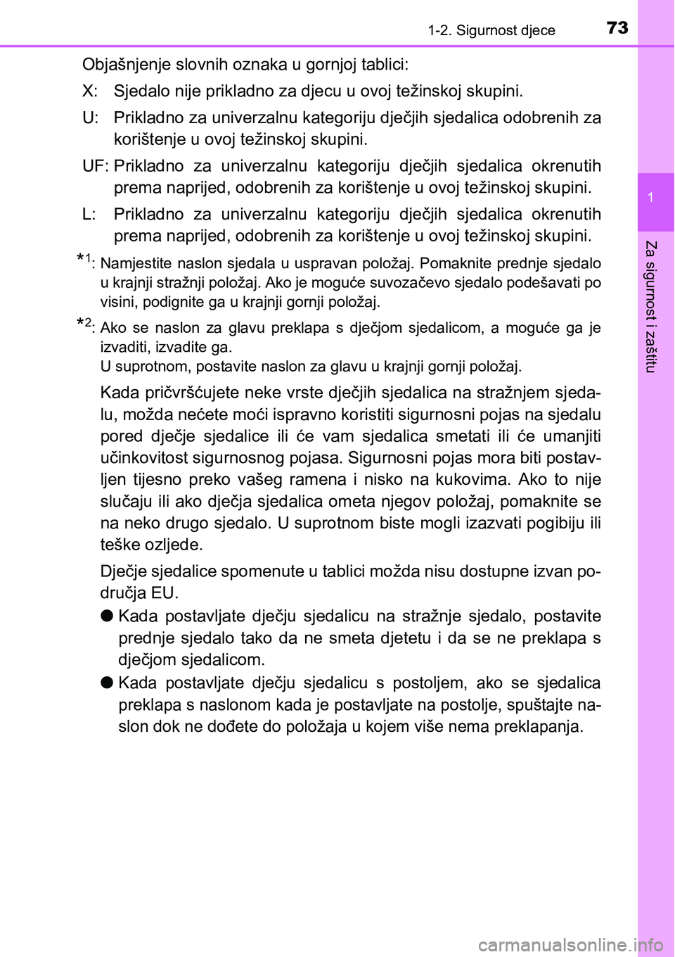 TOYOTA C-HR 2018 Upute Za Rukovanje (in Croatian) 731-2. Sigurnost djece
1
Za sigurnost i zaštitu
Objašnjenje slovnih oznaka u gornjoj tablici:
X: Sjedalo nije prikladno za djecu u ovoj težinskoj skupini.
U: Prikladno za univerzalnu kategoriju dje TOYOTA C-HR 2018 Upute Za Rukovanje (in Croatian) 731-2. Sigurnost djece
1
Za sigurnost i zaštitu
Objašnjenje slovnih oznaka u gornjoj tablici:
X: Sjedalo nije prikladno za djecu u ovoj težinskoj skupini.
U: Prikladno za univerzalnu kategoriju dje