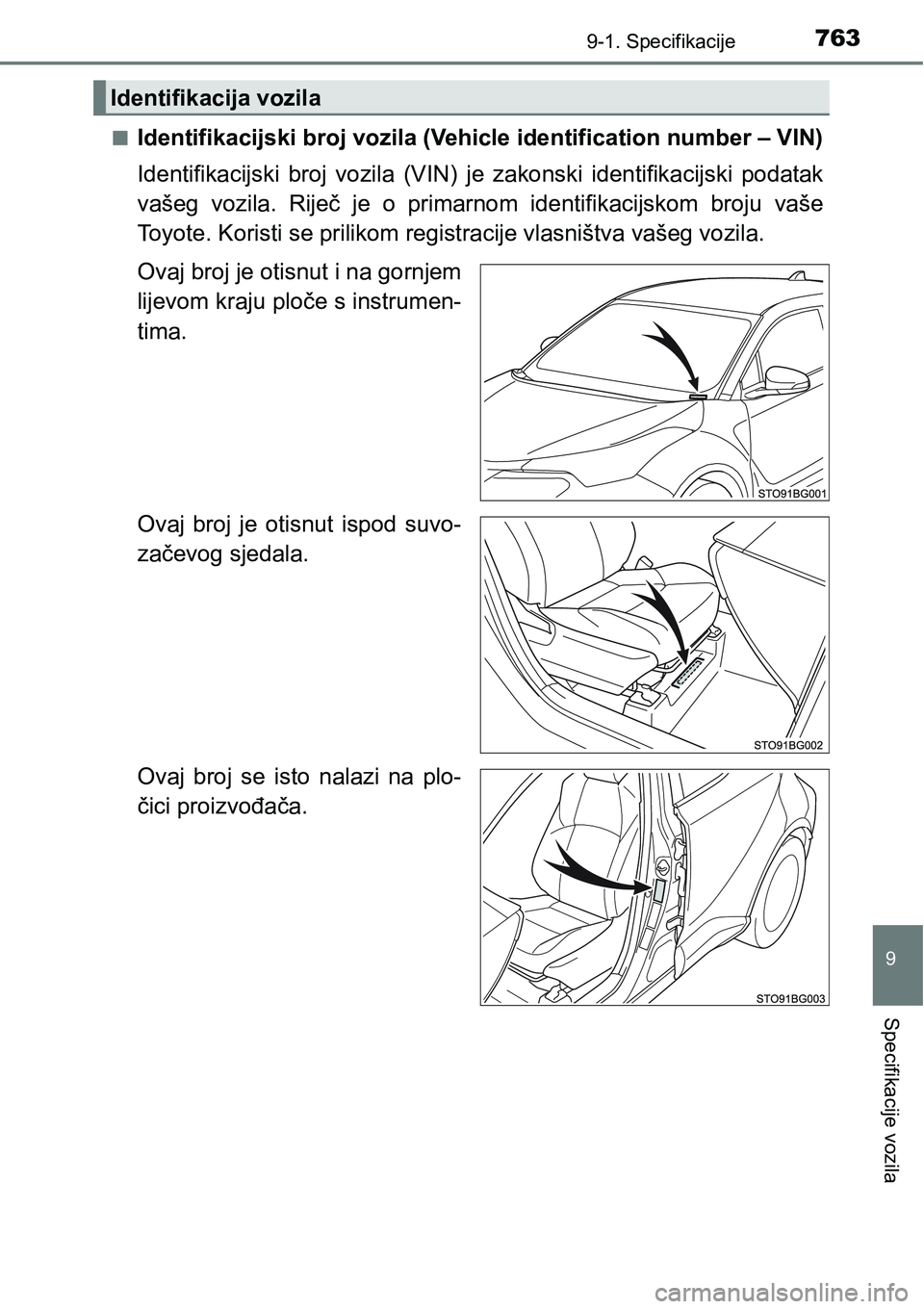 TOYOTA C-HR 2018 Upute Za Rukovanje (in Croatian) 7639-1. Specifikacije
9
Specifikacije vozila
nIdentifikacijski broj vozila (Vehicle identification number – VIN)
Identifikacijski broj vozila (VIN) je zakonski identifikacijski podatak
vašeg TOYOTA C-HR 2018 Upute Za Rukovanje (in Croatian) 7639-1. Specifikacije
9
Specifikacije vozila
nIdentifikacijski broj vozila (Vehicle identification number – VIN)
Identifikacijski broj vozila (VIN) je zakonski identifikacijski podatak
vašeg