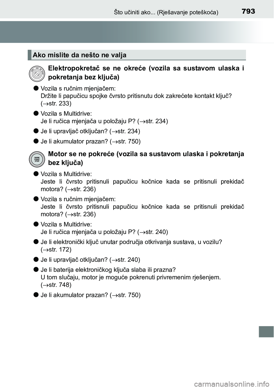 TOYOTA C-HR 2018  Upute Za Rukovanje (in Croatian) 793Što učiniti ako... (Rješavanje poteškoća)
lVozila s ručnim mjenjačem:
Držite li papučicu spojke čvrsto pritisnutu dok zakrećete kontakt ključ? 
(str. 233)
lVozila s Multidrive:
Je li