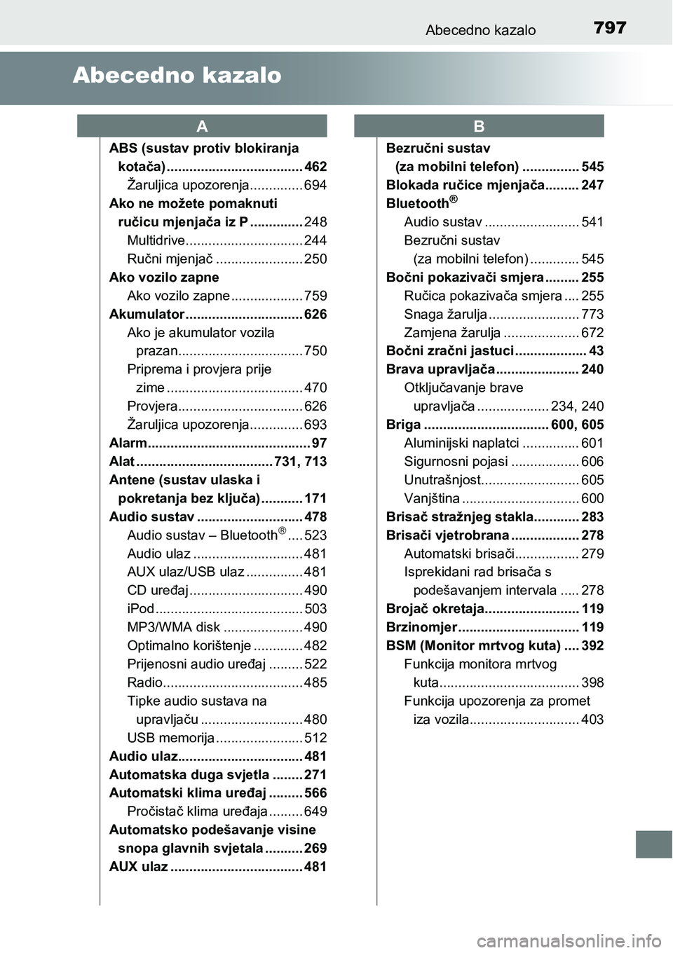 TOYOTA C-HR 2018  Upute Za Rukovanje (in Croatian) 797Abecedno kazalo
Abecedno kazalo
ABS (sustav protiv blokiranja 
kotača) .................................... 462
Žaruljica upozorenja.............. 694
Ako ne možete pomaknuti 
ručicu mjenjača 