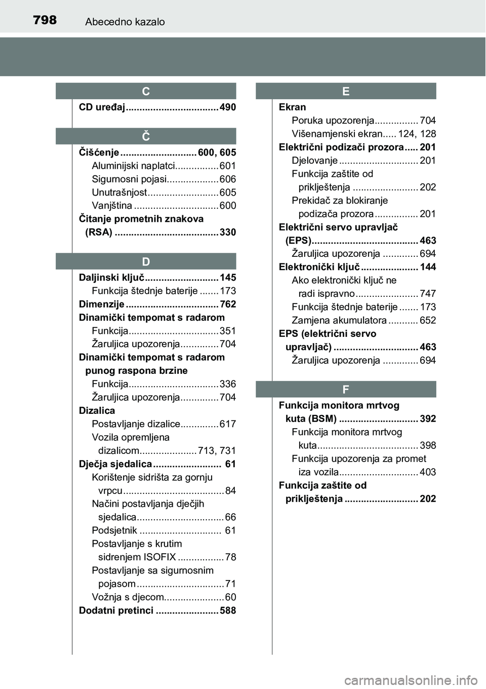TOYOTA C-HR 2018  Upute Za Rukovanje (in Croatian) 798Abecedno kazalo
CD uređaj .................................. 490
Čišćenje ............................ 600, 605
Aluminijski naplatci................ 601
Sigurnosni pojasi................... 606