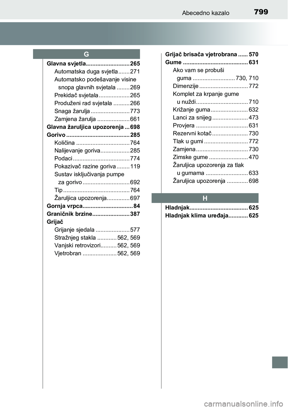 TOYOTA C-HR 2018 Upute Za Rukovanje (in Croatian) 799Abecedno kazalo
Glavna svjetla........................... 265
Automatska duga svjetla ....... 271
Automatsko podešavanje visine
snopa glavnih svjetala ........ 269
Prekidač svjetala ............ TOYOTA C-HR 2018 Upute Za Rukovanje (in Croatian) 799Abecedno kazalo
Glavna svjetla........................... 265
Automatska duga svjetla ....... 271
Automatsko podešavanje visine
snopa glavnih svjetala ........ 269
Prekidač svjetala ............
