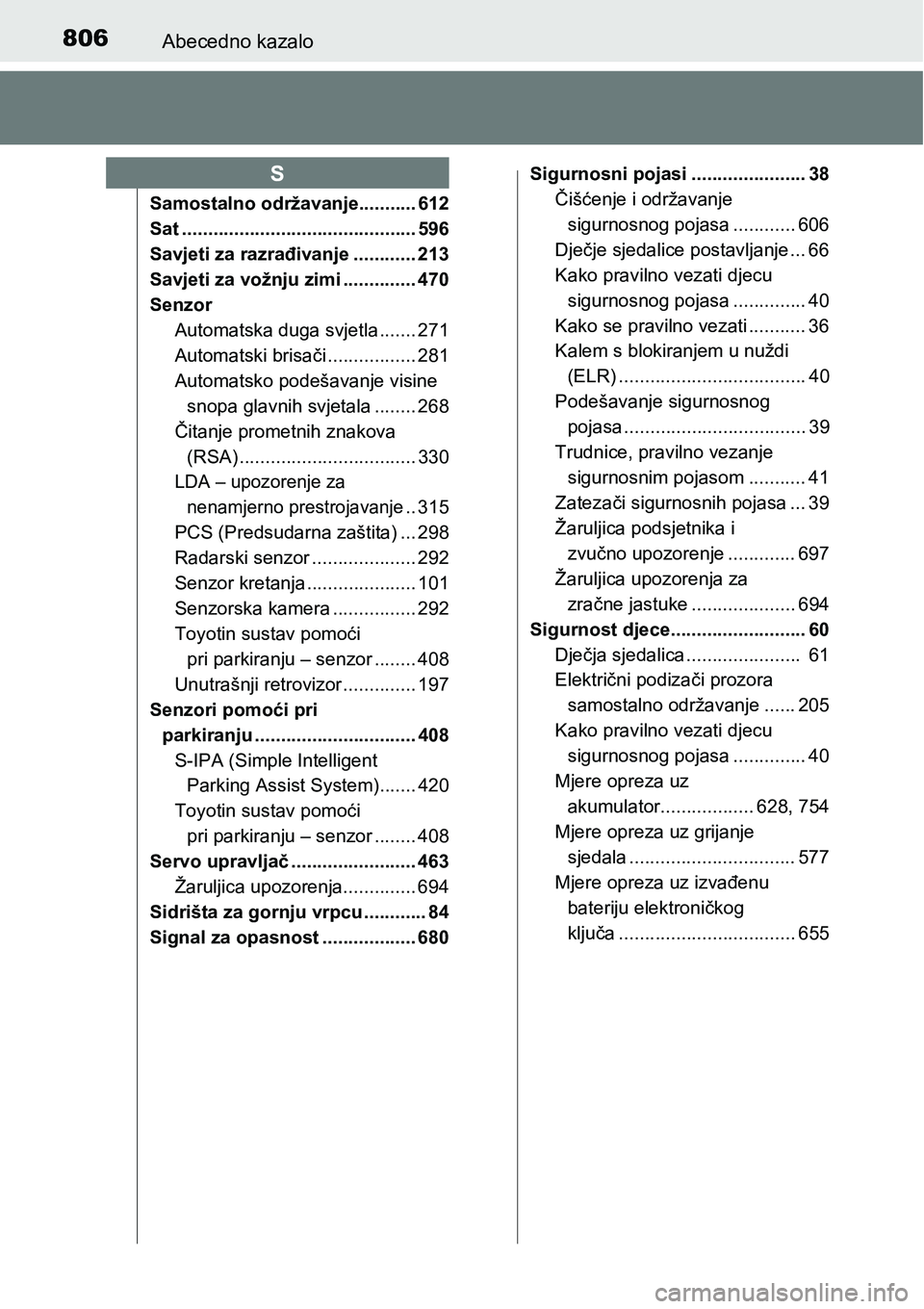 TOYOTA C-HR 2018 Upute Za Rukovanje (in Croatian) 806Abecedno kazalo
Samostalno održavanje........... 612
Sat ............................................. 596
Savjeti za razrađivanje ............ 213
Savjeti za vožnju zimi .............. 470
Senz TOYOTA C-HR 2018 Upute Za Rukovanje (in Croatian) 806Abecedno kazalo
Samostalno održavanje........... 612
Sat ............................................. 596
Savjeti za razrađivanje ............ 213
Savjeti za vožnju zimi .............. 470
Senz