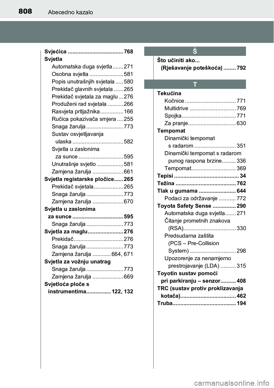 TOYOTA C-HR 2018 Upute Za Rukovanje (in Croatian) 808Abecedno kazalo
Svjećica .................................... 768
Svjetla
Automatska duga svjetla ....... 271
Osobna svjetla ...................... 581
Popis unutrašnjih svjetala ..... 580
Prekid TOYOTA C-HR 2018 Upute Za Rukovanje (in Croatian) 808Abecedno kazalo
Svjećica .................................... 768
Svjetla
Automatska duga svjetla ....... 271
Osobna svjetla ...................... 581
Popis unutrašnjih svjetala ..... 580
Prekid