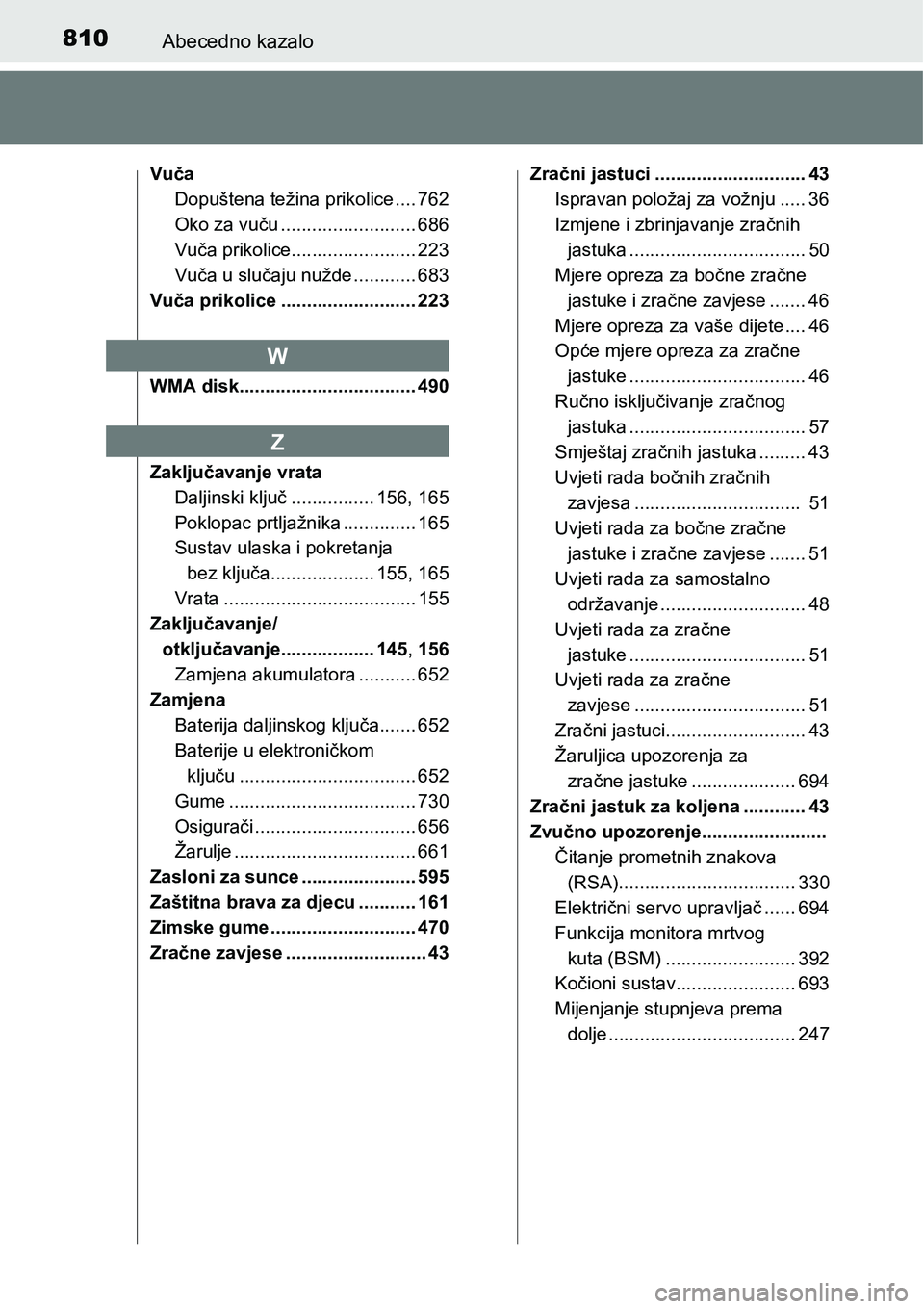 TOYOTA C-HR 2018 Upute Za Rukovanje (in Croatian) 810Abecedno kazalo
Vuča
Dopuštena težina prikolice .... 762
Oko za vuču .......................... 686
Vuča prikolice........................ 223
Vuča u slučaju nužde ............ 683
Vuča pr TOYOTA C-HR 2018 Upute Za Rukovanje (in Croatian) 810Abecedno kazalo
Vuča
Dopuštena težina prikolice .... 762
Oko za vuču .......................... 686
Vuča prikolice........................ 223
Vuča u slučaju nužde ............ 683
Vuča pr