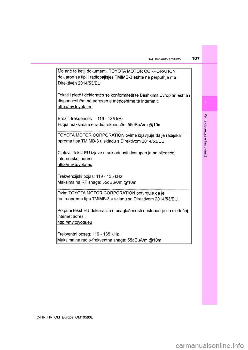 TOYOTA C-HR 2018 Manuale duso (in Italian) 1071-4. Impianto antifurto
1
Per la sicurezza e l’incolumità
C-HR_HV_OM_Europe_OM10580L TOYOTA C-HR 2018 Manuale duso (in Italian) 1071-4. Impianto antifurto
1
Per la sicurezza e l’incolumità
C-HR_HV_OM_Europe_OM10580L