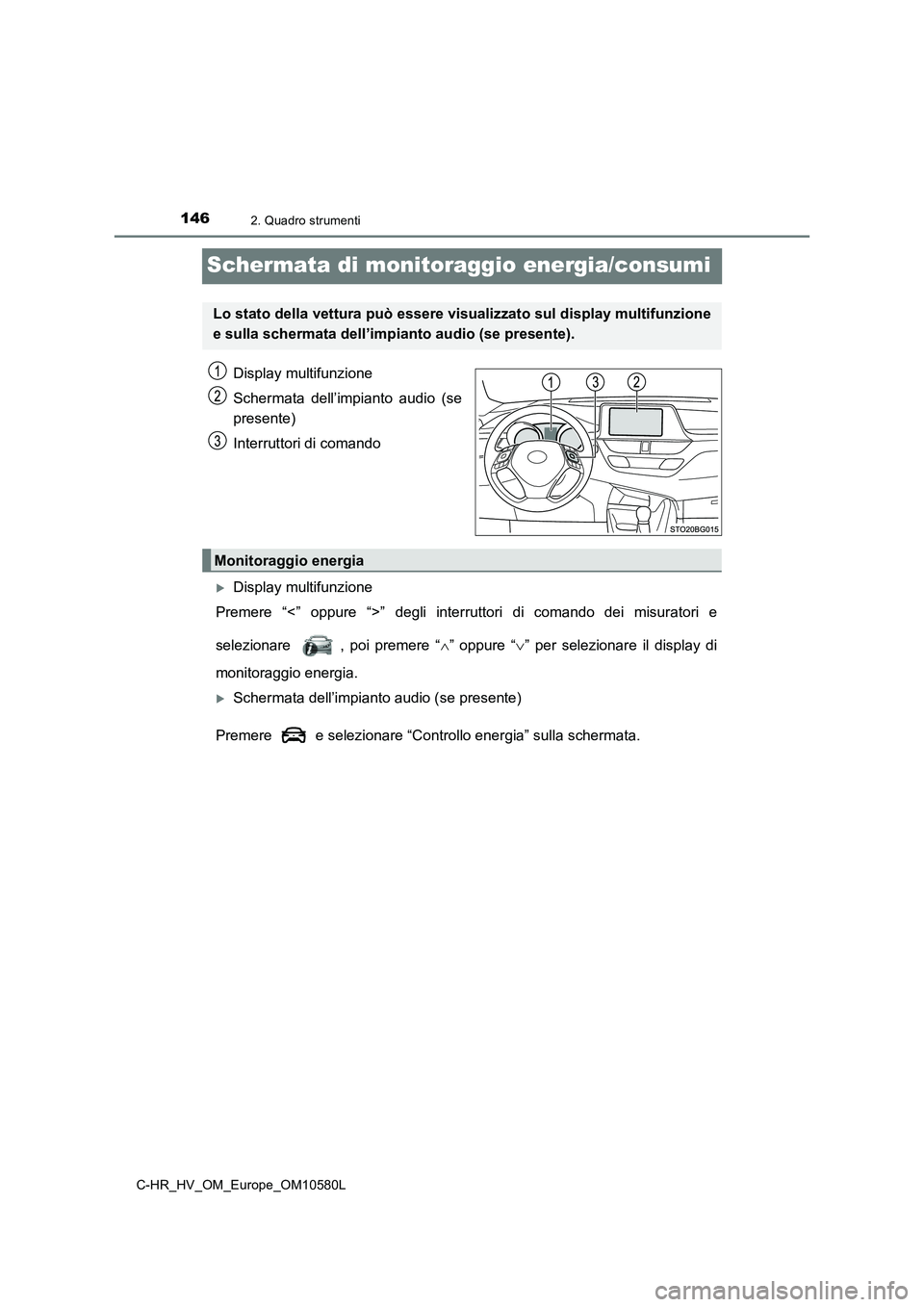 TOYOTA C-HR 2018  Manuale duso (in Italian) 1462. Quadro strumenti
C-HR_HV_OM_Europe_OM10580L
Schermata di monitoraggio energia/consumi
Display multifunzione 
Schermata dell’impianto audio (se 
presente) 
Interruttori di comando
Display mu