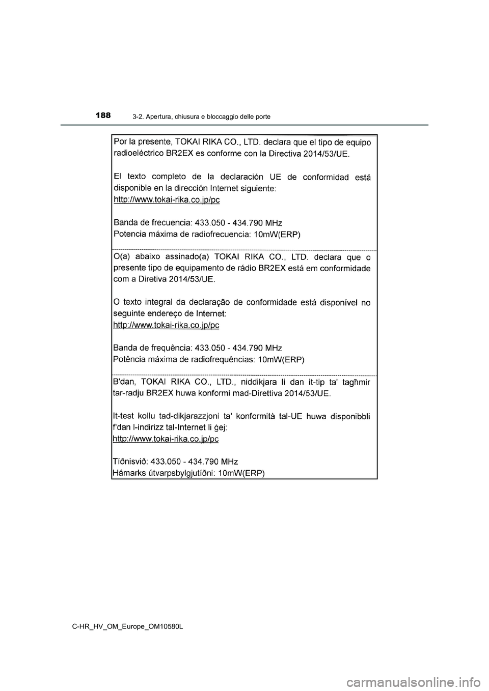 TOYOTA C-HR 2018  Manuale duso (in Italian) 1883-2. Apertura, chiusura e bloccaggio delle porte
C-HR_HV_OM_Europe_OM10580L 