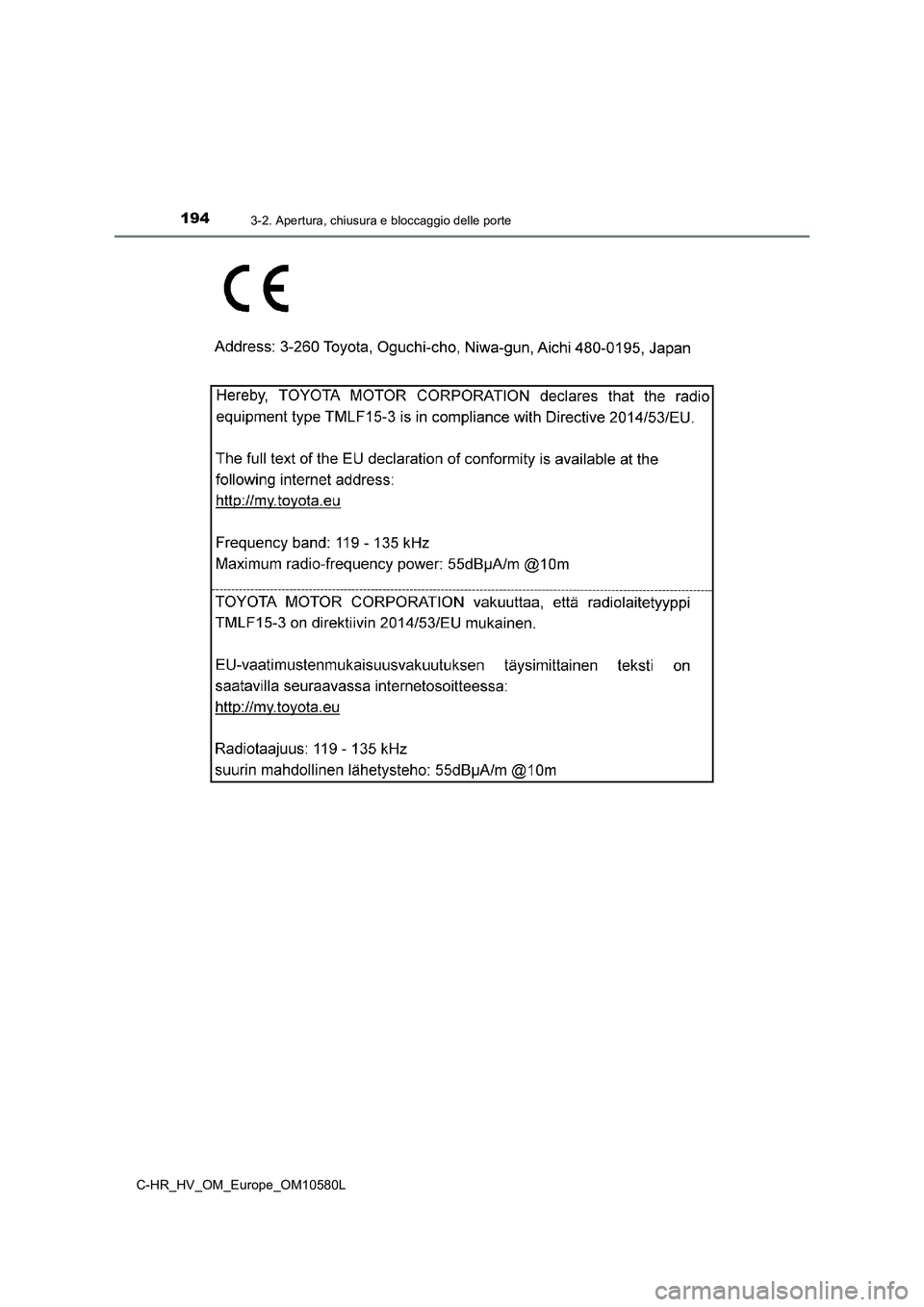 TOYOTA C-HR 2018  Manuale duso (in Italian) 1943-2. Apertura, chiusura e bloccaggio delle porte
C-HR_HV_OM_Europe_OM10580L 