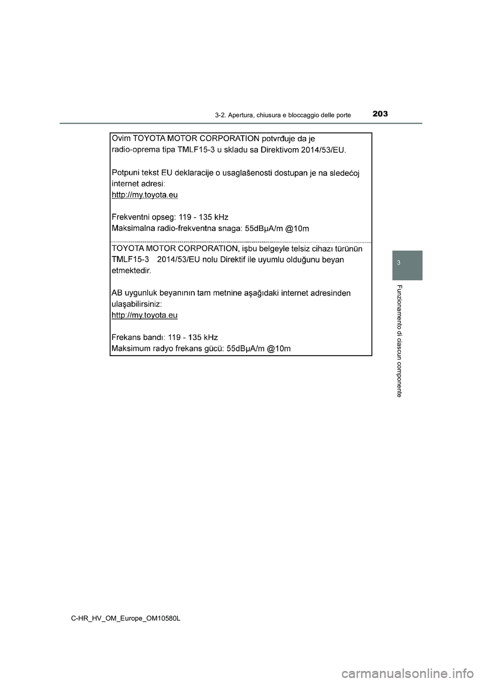 TOYOTA C-HR 2018  Manuale duso (in Italian) 2033-2. Apertura, chiusura e bloccaggio delle porte
3
Funzionamento di ciascun componente
C-HR_HV_OM_Europe_OM10580L 