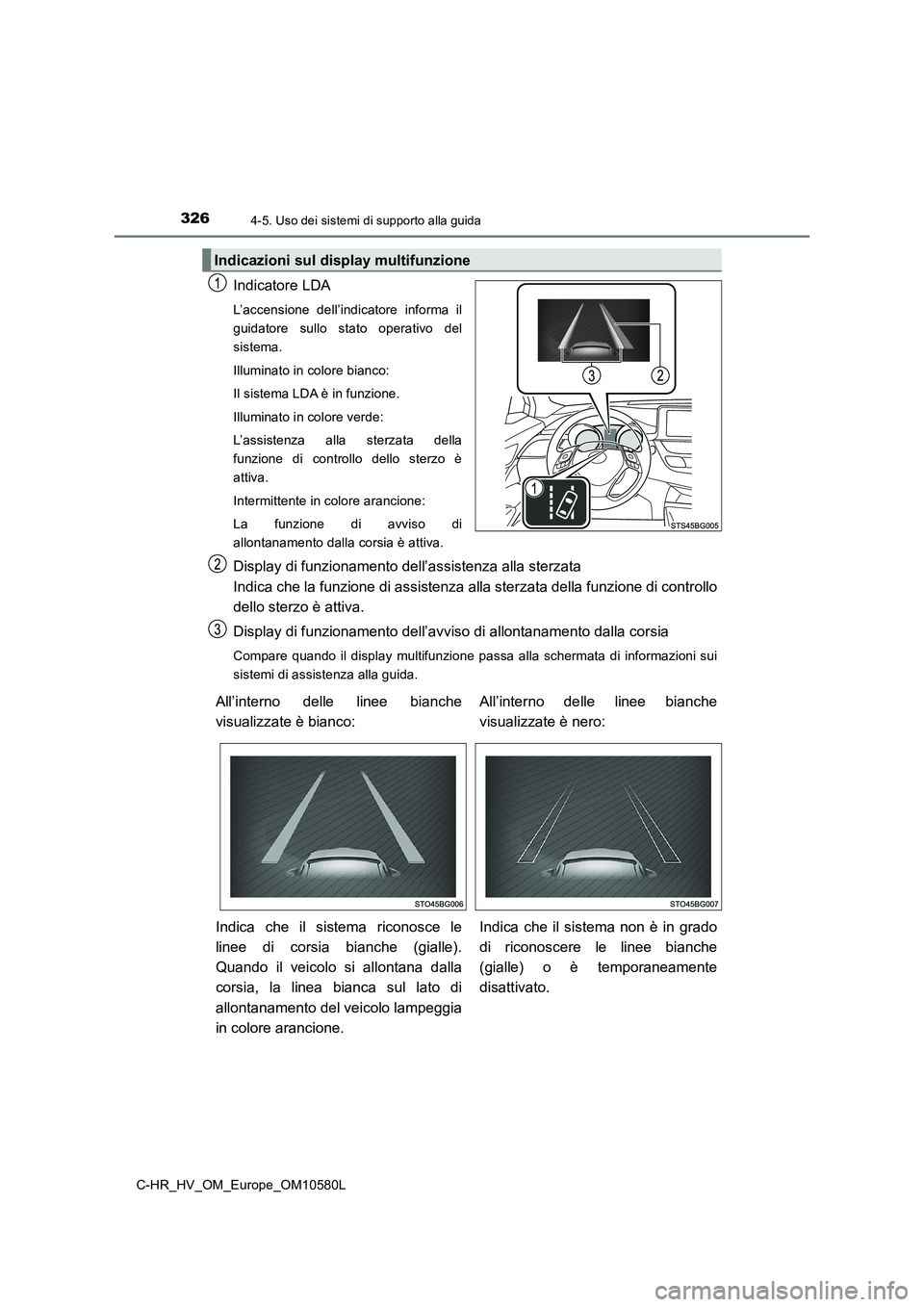 TOYOTA C-HR 2018 Manuale duso (in Italian) 3264-5. Uso dei sistemi di supporto alla guida
C-HR_HV_OM_Europe_OM10580L
Indicatore LDA
L’accensione dell’indicatore informa il
guidatore sullo stato operativo del
sistema.
Illuminato in color TOYOTA C-HR 2018 Manuale duso (in Italian) 3264-5. Uso dei sistemi di supporto alla guida
C-HR_HV_OM_Europe_OM10580L
Indicatore LDA
L’accensione dell’indicatore informa il
guidatore sullo stato operativo del
sistema.
Illuminato in color