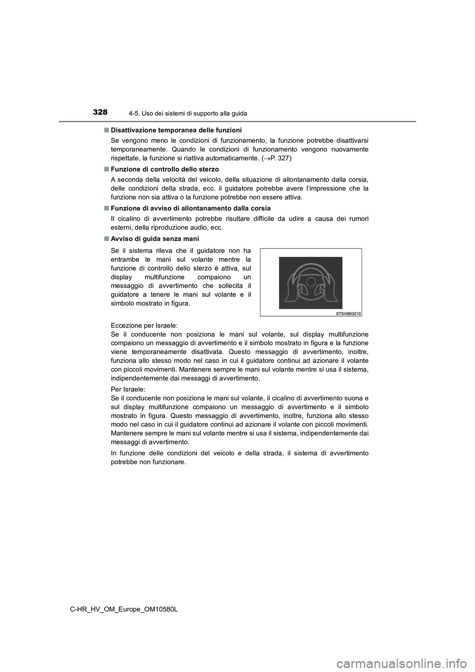 TOYOTA C-HR 2018 Manuale duso (in Italian) 3284-5. Uso dei sistemi di supporto alla guida
C-HR_HV_OM_Europe_OM10580L
■ Disattivazione temporanea delle funzioni
Se vengono meno le condizioni di funzionamento, la funzione potrebbe disattivar TOYOTA C-HR 2018 Manuale duso (in Italian) 3284-5. Uso dei sistemi di supporto alla guida
C-HR_HV_OM_Europe_OM10580L
■ Disattivazione temporanea delle funzioni
Se vengono meno le condizioni di funzionamento, la funzione potrebbe disattivar
