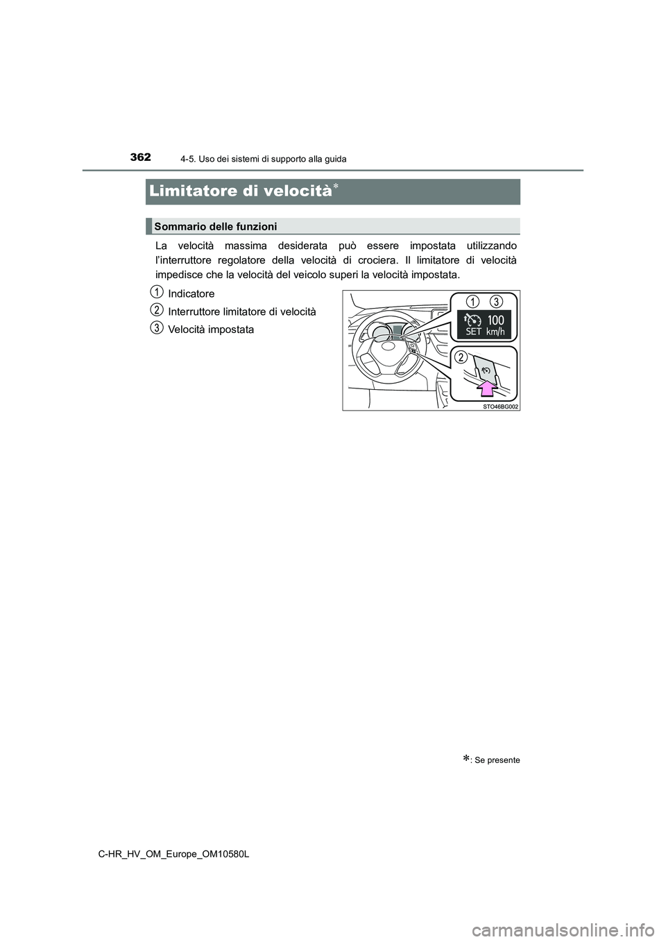 TOYOTA C-HR 2018 Manuale duso (in Italian) 3624-5. Uso dei sistemi di supporto alla guida
C-HR_HV_OM_Europe_OM10580L
Limitatore di velocità
La velocità massima desiderata può essere impostata utilizzando
l’interruttore regolatore dell TOYOTA C-HR 2018 Manuale duso (in Italian) 3624-5. Uso dei sistemi di supporto alla guida
C-HR_HV_OM_Europe_OM10580L
Limitatore di velocità
La velocità massima desiderata può essere impostata utilizzando
l’interruttore regolatore dell