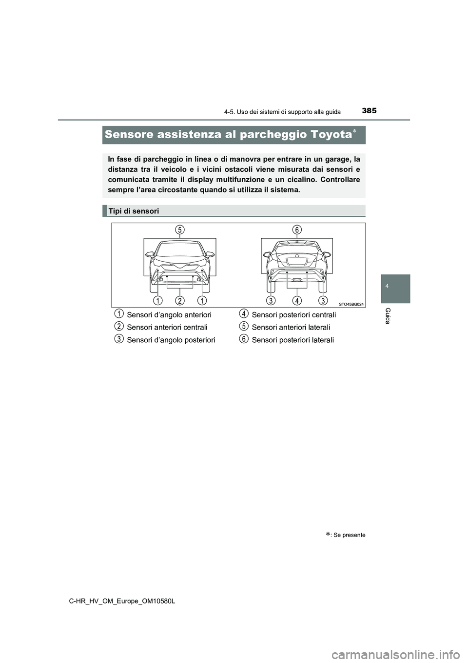 TOYOTA C-HR 2018  Manuale duso (in Italian) 385
4
4-5. Uso dei sistemi di supporto alla guida
Guida
C-HR_HV_OM_Europe_OM10580L
Sensore assistenza al parcheggio Toyota
: Se presente
In fase di parcheggio in linea o di manovra per entrare i