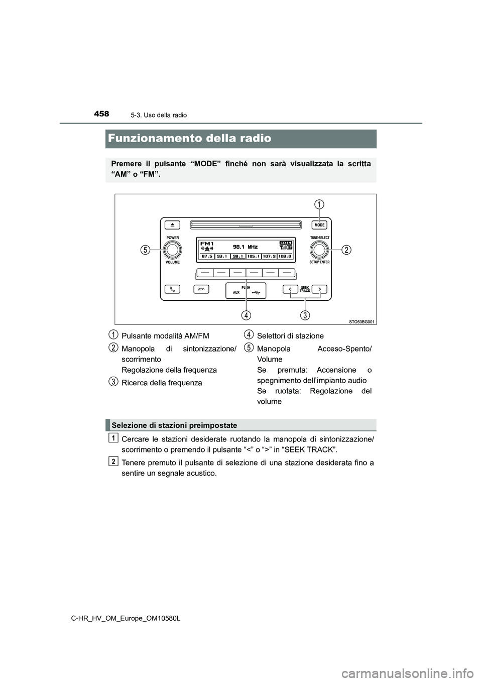 TOYOTA C-HR 2018  Manuale duso (in Italian) 4585-3. Uso della radio
C-HR_HV_OM_Europe_OM10580L
Funzionamento della radio
Cercare le stazioni desiderate ruotando la manopola di sintonizzazione/ 
scorrimento o premendo il pulsante “<” o “>