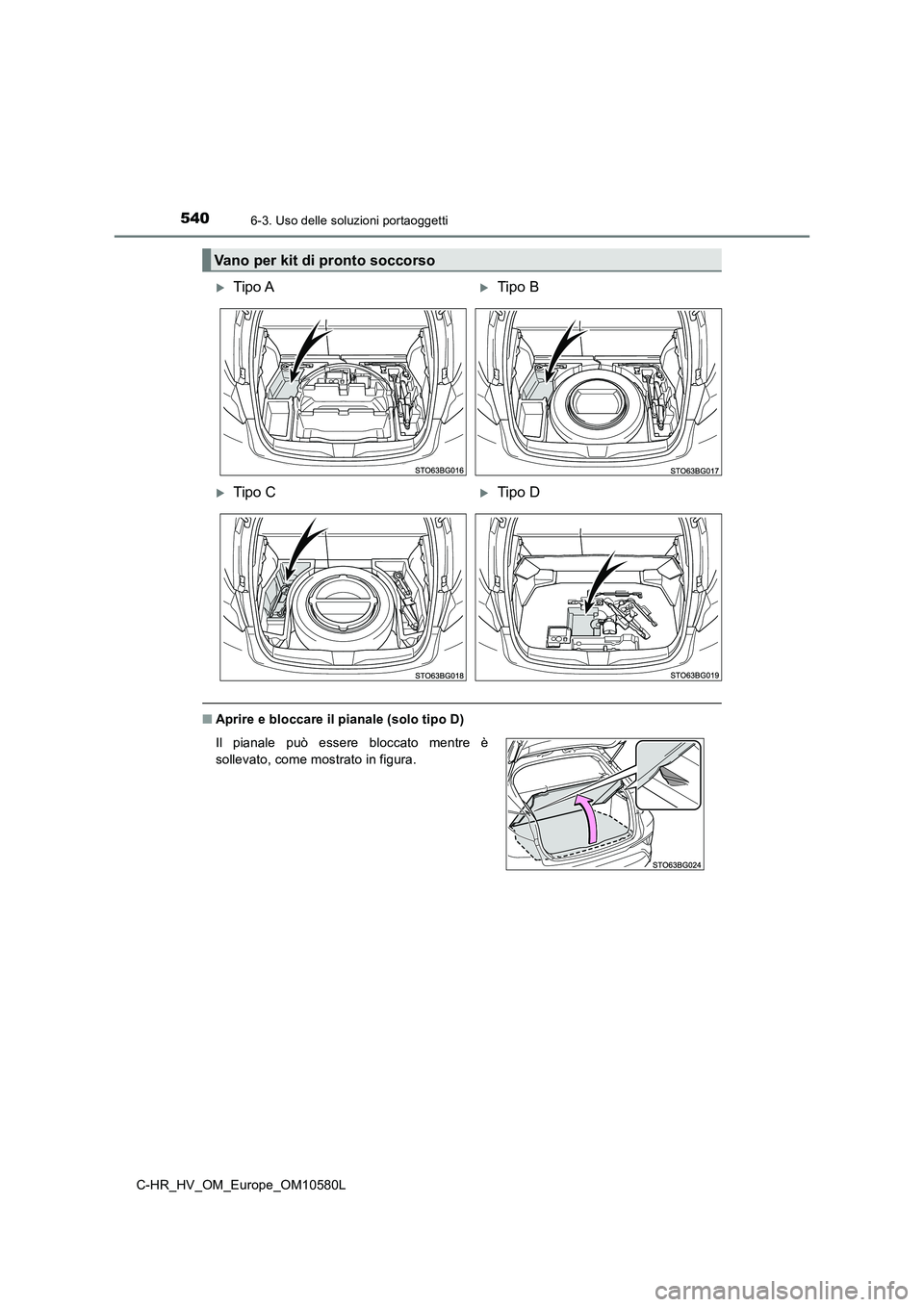 TOYOTA C-HR 2018  Manuale duso (in Italian) 5406-3. Uso delle soluzioni portaoggetti
C-HR_HV_OM_Europe_OM10580L
■Aprire e bloccare il pianale (solo tipo D)
Vano per kit di pronto soccorso
Tipo ATipo B
Tipo CTipo D
Il pianale può 