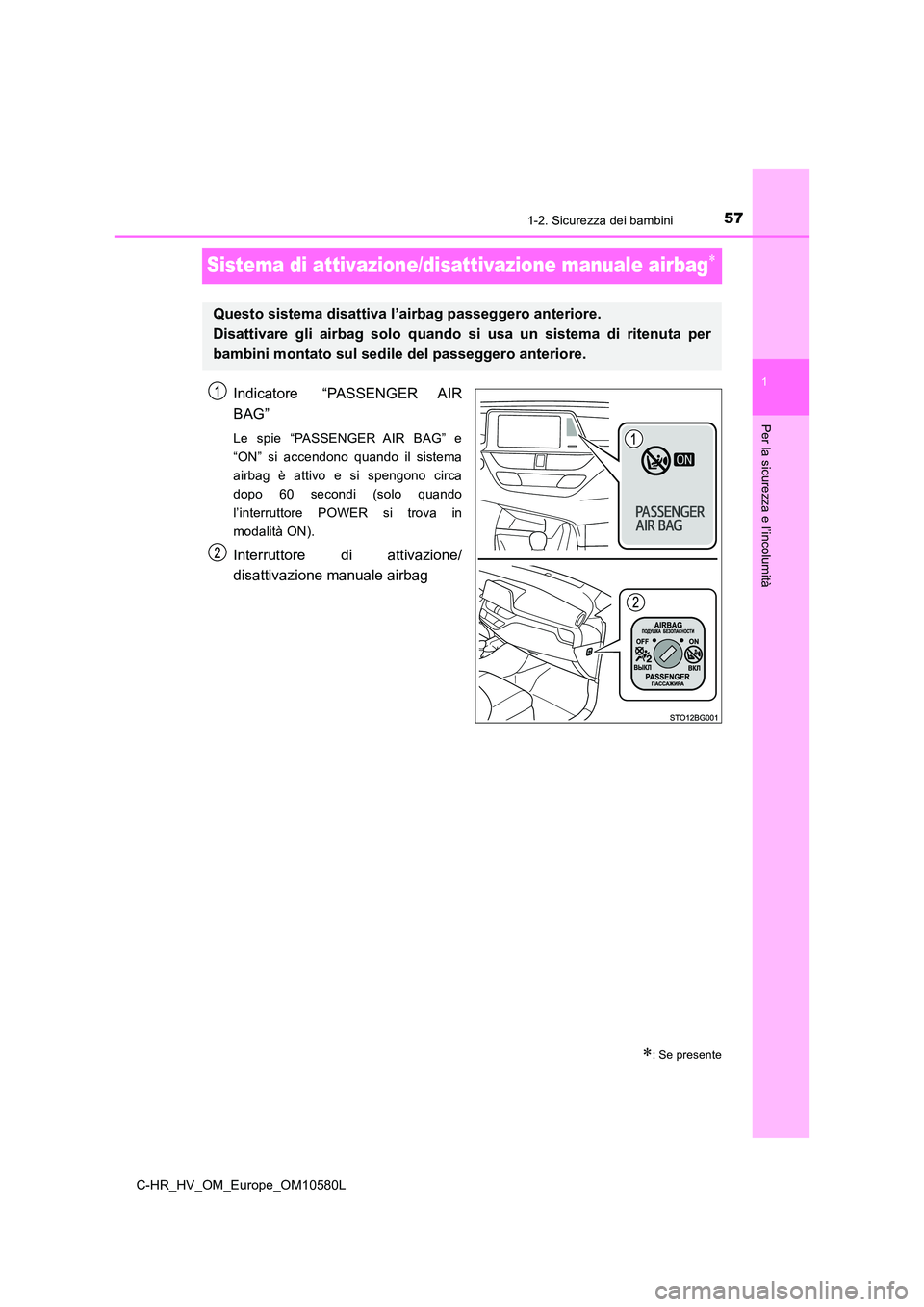 TOYOTA C-HR 2018  Manuale duso (in Italian) 571-2. Sicurezza dei bambini
1
Per la sicurezza e l’incolumità
C-HR_HV_OM_Europe_OM10580L
Sistema di attivazione/disattivazione manuale airbag
Indicatore “PASSENGER AIR 
BAG”
Le spie “PASS