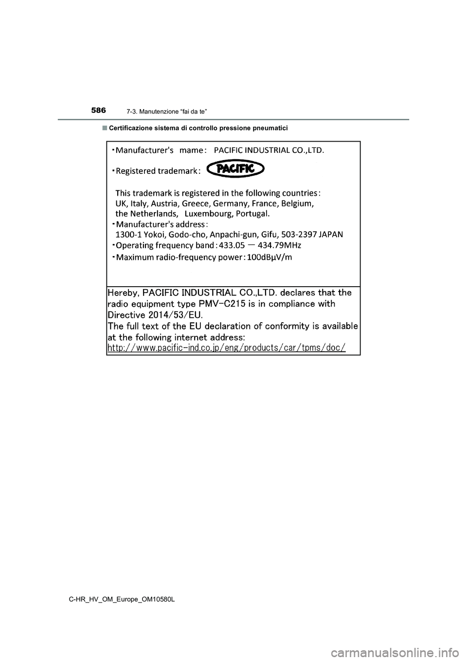 TOYOTA C-HR 2018 Manuale duso (in Italian) 5867-3. Manutenzione “fai da te”
C-HR_HV_OM_Europe_OM10580L
■ Certificazione sistema di controllo pressione pneumatici TOYOTA C-HR 2018 Manuale duso (in Italian) 5867-3. Manutenzione “fai da te”
C-HR_HV_OM_Europe_OM10580L
■ Certificazione sistema di controllo pressione pneumatici