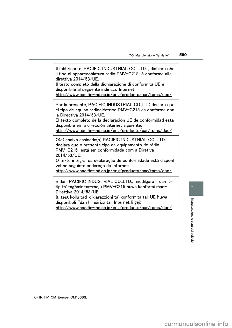 TOYOTA C-HR 2018 Manuale duso (in Italian) 5897-3. Manutenzione “fai da te”
C-HR_HV_OM_Europe_OM10580L
7
Manutenzione e cura del veicolo TOYOTA C-HR 2018 Manuale duso (in Italian) 5897-3. Manutenzione “fai da te”
C-HR_HV_OM_Europe_OM10580L
7
Manutenzione e cura del veicolo