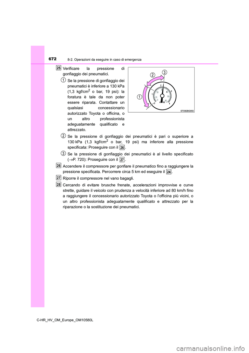 TOYOTA C-HR 2018 Manuale duso (in Italian) 6728-2. Operazioni da eseguire in caso di emergenza
C-HR_HV_OM_Europe_OM10580L
Verificare la pressione di
gonfiaggio dei pneumatici.
Se la pressione di gonfiaggio dei
pneumatici è inferiore a 130 TOYOTA C-HR 2018 Manuale duso (in Italian) 6728-2. Operazioni da eseguire in caso di emergenza
C-HR_HV_OM_Europe_OM10580L
Verificare la pressione di
gonfiaggio dei pneumatici.
Se la pressione di gonfiaggio dei
pneumatici è inferiore a 130